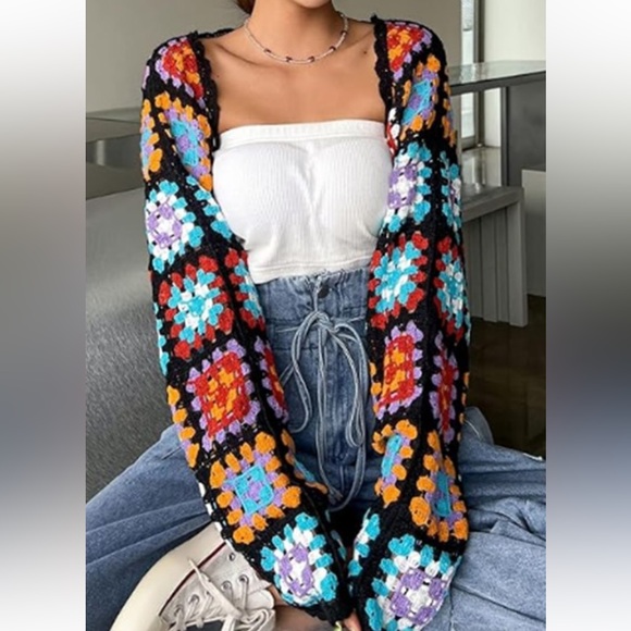 NEW Darling Boho Crochet Multi Color Crop Shrug Cardigan - Picture 3 of 6